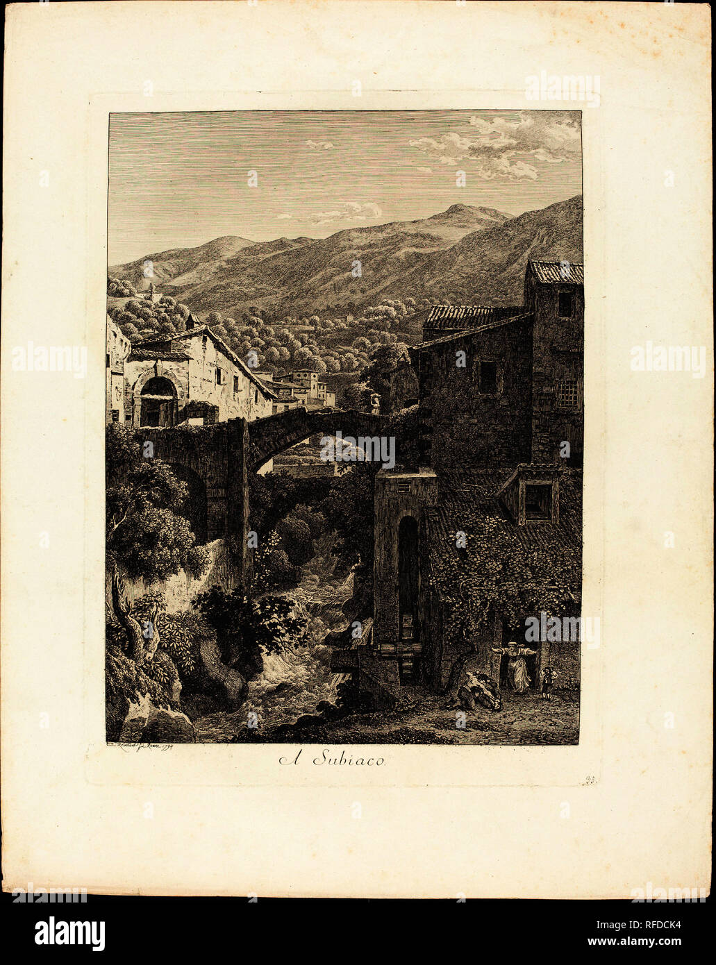 A Subiaco. Dated: 1794. Dimensions: plate: 38.1 x 28.4 cm (15 x 11 3/16 in.)  sheet: 49 x 39.1 cm (19 5/16 x 15 3/8 in.). Medium: etching on laid paper. Museum: National Gallery of Art, Washington DC. Author: Johann Christian Reinhart. Stock Photo