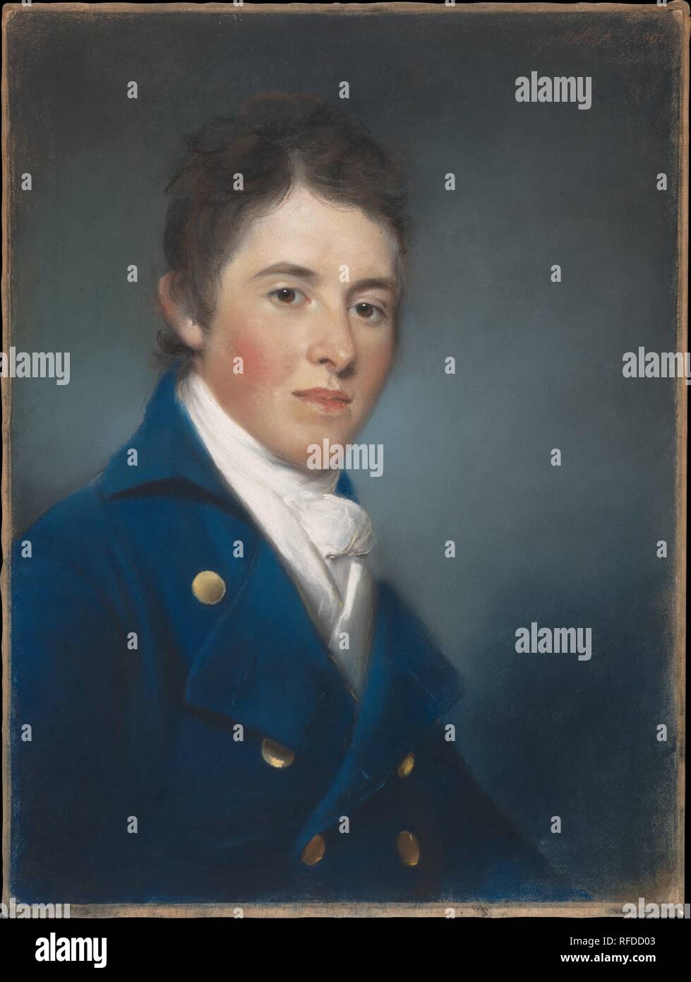 Robert Shurlock (1772-1847). Artist: John Russell (British, Guildford 1745-1806 Hull). Dimensions: 23 3/4 x 17 3/8 in. (60.3 x 44.1 cm). Date: 1801.  In 1800 Robert Shurlock (1772-1847) married John Russell's daughter, Henrietta Ann Jane Russell (1775-1849), near the artist's house in Guildford, Surrey. This pastel was likely completed shortly after the marriage, and the companion portrait of Henrietta with the couple's first child is also in this gallery. Here Mr. Shurlock is a dashing man at the height of his youth, wearing a silk neck scarf and a double-breasted coat with brass buttons. The Stock Photo