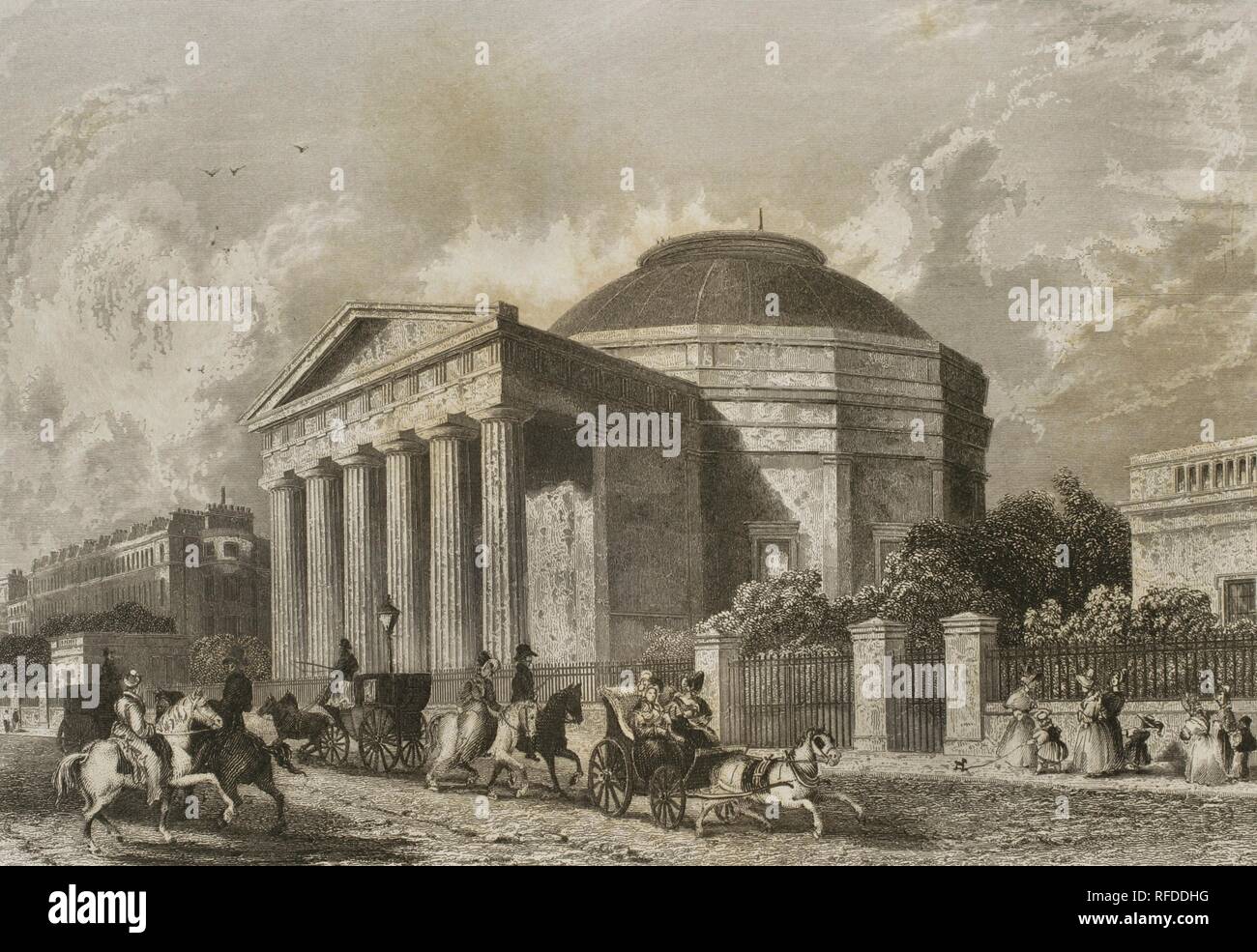 Reino Unido. Inglaterra. Londres. Coliseo en el Regent's Park. Tráfico con personas vistiendo a la moda transcurriendo ante el majestuoso pórtico y cúpula acristalada del Colosseum (Coliseum), edificio construido por Decimus Burton en 1823-1827 para la visualización de 'La Vista Panorámica', la pintura más grande creada de la época, de Thomas Hornor. El edifico se encontraba en el lugar de la actual Puerta de Cambridge (Cambridge Gate). Grabado por John Cox (fl.1834-1839) a partir de una composición por Roberts, presumiblemente John Roberts. 'London and its Environs', h. 1840 (Londres y sus Al Stock Photo