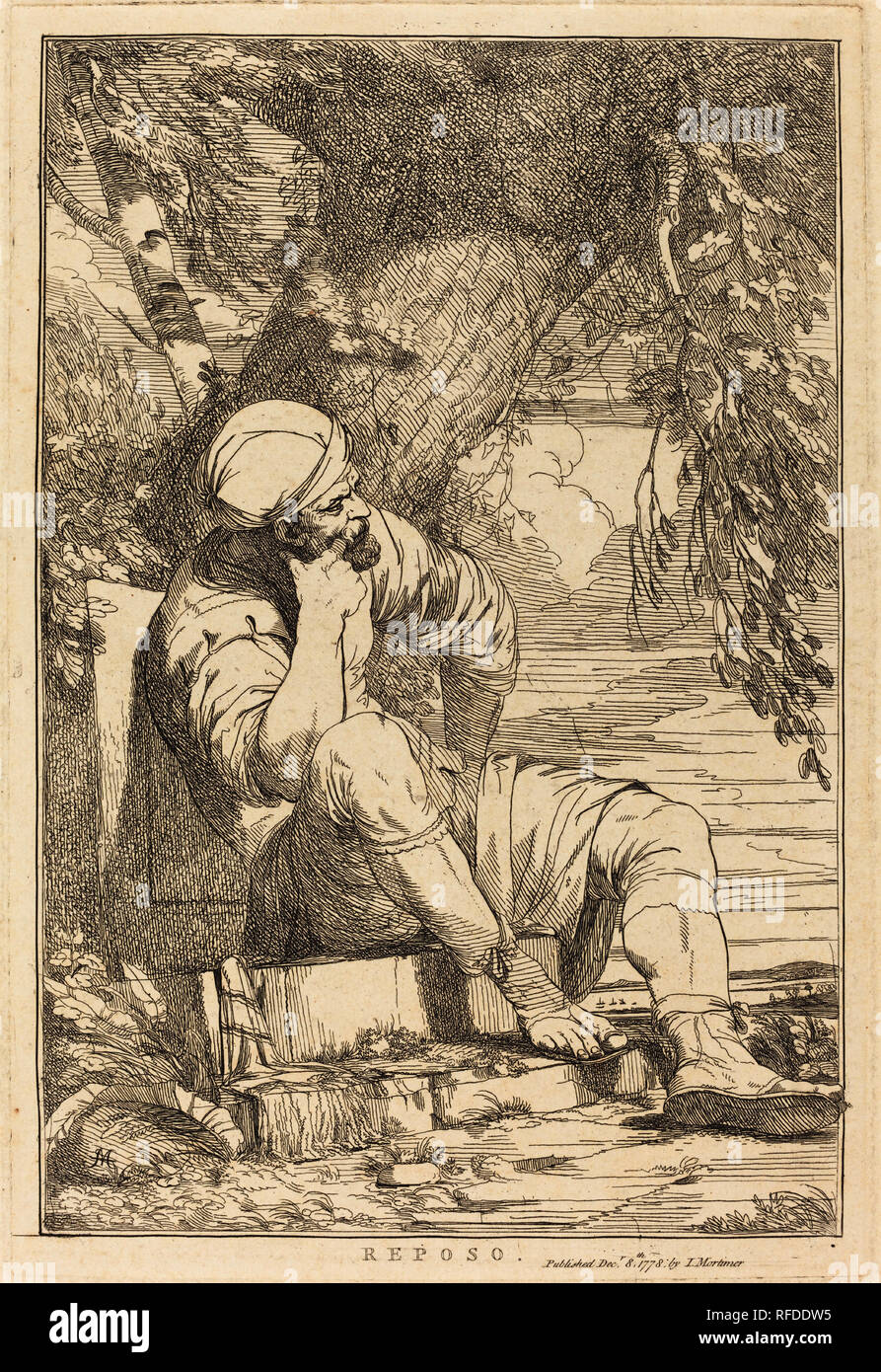 Reposo. Dated: 1778. Dimensions: plate: 30 × 20.2 cm (11 13/16 × 7 15/16 in.)  sheet: 42 × 29 cm (16 9/16 × 11 7/16 in.). Medium: etching. Museum: National Gallery of Art, Washington DC. Author: John Hamilton Mortimer. Stock Photo