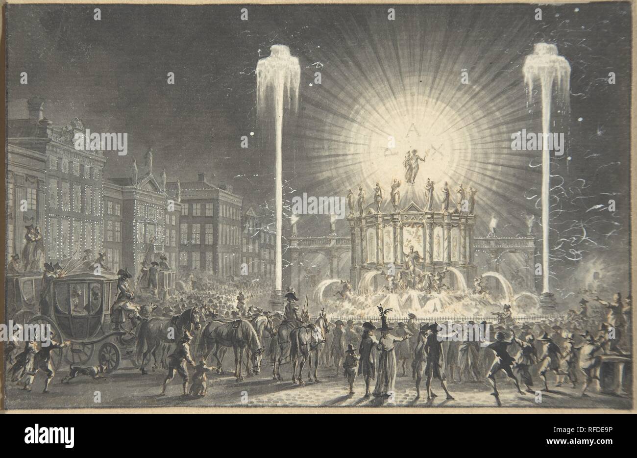 City Square with Fireworks. Artist: Dirk Langendijk (Dutch, Rotterdam 1748-1805 Rotterdam). Dimensions: 4-5/16 x 6-9/16 in.  (11.0 x 16.7 cm). Date: ca. 1796. Museum: Metropolitan Museum of Art, New York, USA. Stock Photo