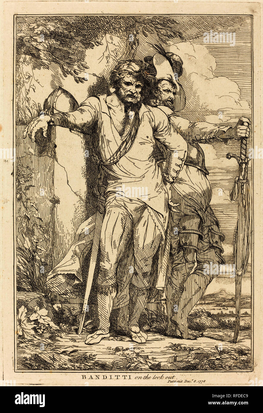 Banditti on the Look Out. Dated: 1778. Dimensions: plate: 30 × 20.2 cm (11 13/16 × 7 15/16 in.)  sheet: 43.2 × 29.4 cm (17 × 11 9/16 in.). Medium: etching. Museum: National Gallery of Art, Washington DC. Author: John Hamilton Mortimer. Stock Photo