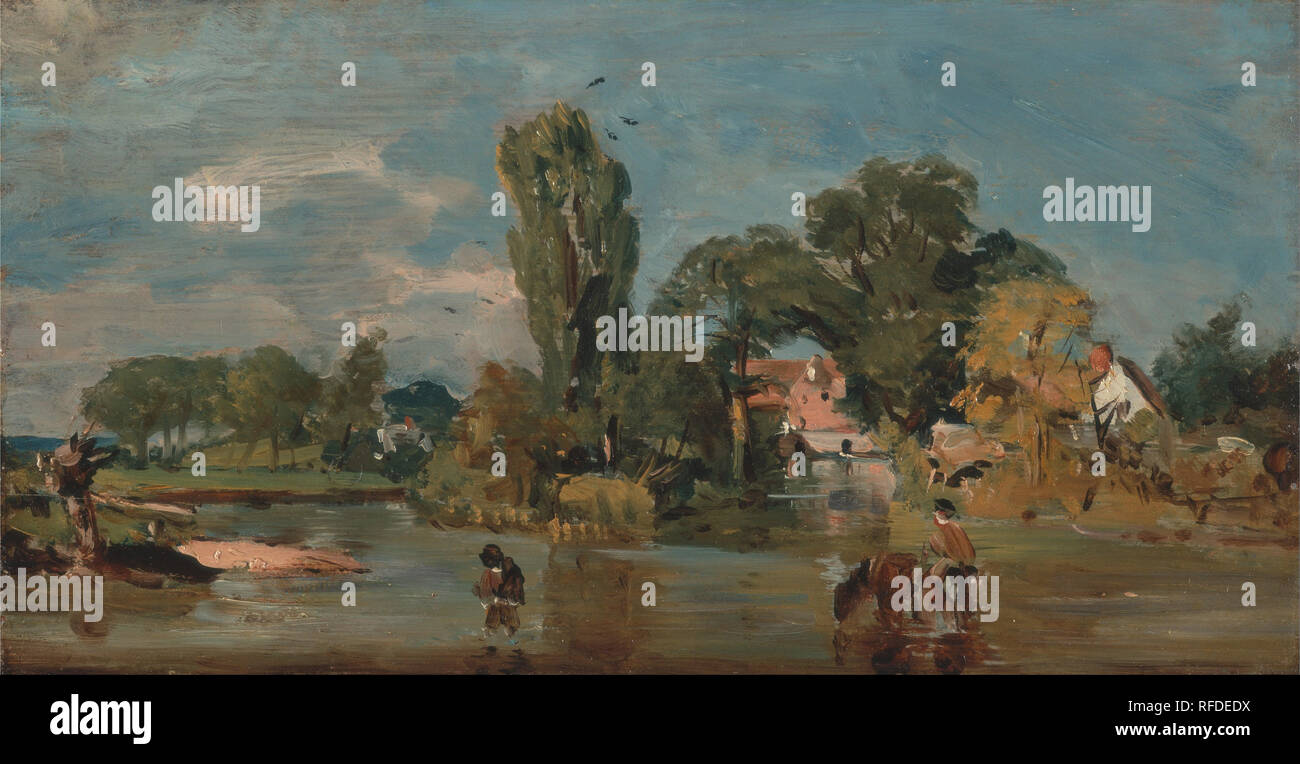 Flatford Mill. Date/Period: Between 1810 and 1811. Painting. Oil on panel. Height: 160 mm (6.29 in); Width: 294 mm (11.57 in). Author: John Constable. Stock Photo