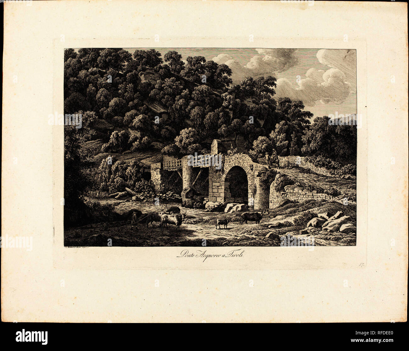 Ponte Acquoreo a Tivoli. Dated: 1792. Dimensions: plate: 27.9 x 38 cm (11 x 14 15/16 in.)  overall: 39.2 x 49.2 cm (15 7/16 x 19 3/8 in.). Medium: etching on laid paper. Museum: National Gallery of Art, Washington DC. Author: Johann Christian Reinhart. Stock Photo
