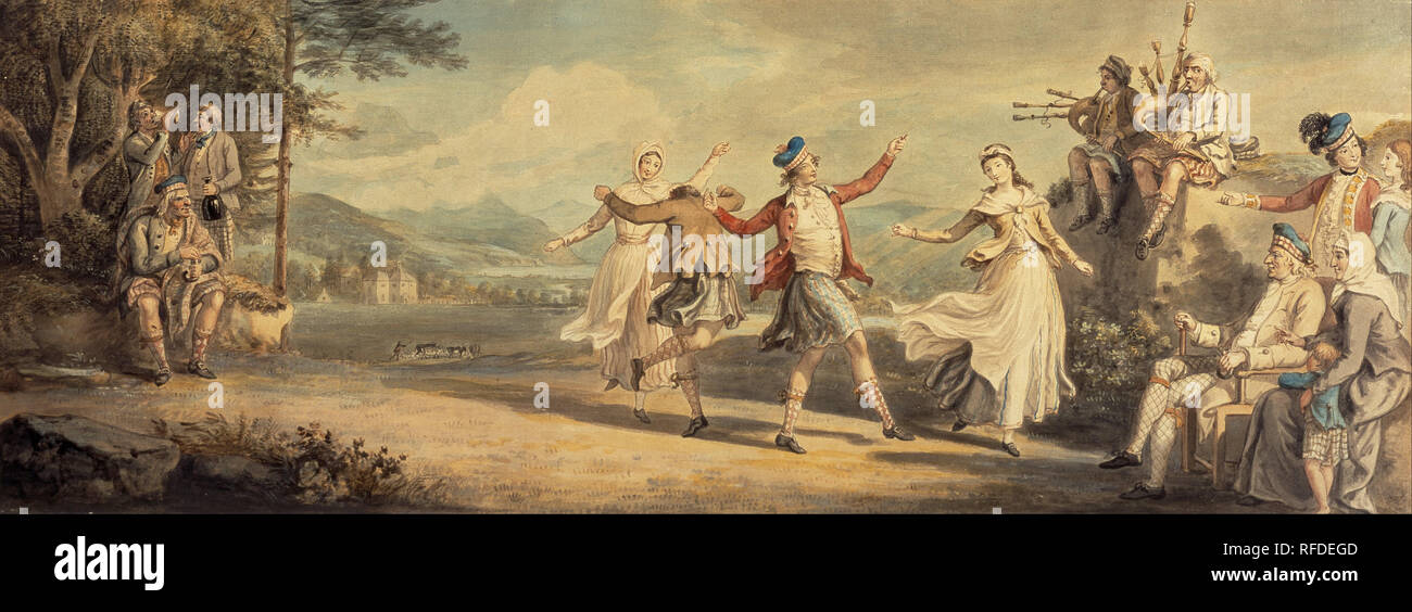 A Highland Dance. Date/Period: 1780. Drawing. Brush and watercolour over pencil on paper. Height: 294 mm (11.57 in); Width: 804 mm (31.65 in). Author: DAVID ALLAN. Stock Photo