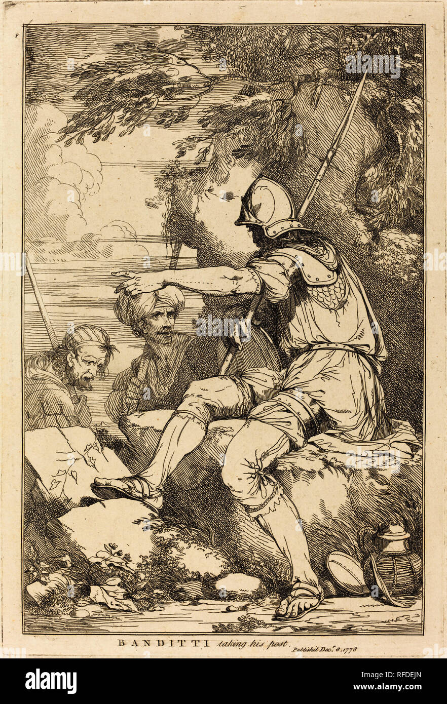Banditti Taking His Post. Dated: 1778. Dimensions: plate: 30 × 20.1 cm (11 13/16 × 7 15/16 in.)  sheet: 42.4 × 29 cm (16 11/16 × 11 7/16 in.). Medium: etching. Museum: National Gallery of Art, Washington DC. Author: John Hamilton Mortimer. Stock Photo