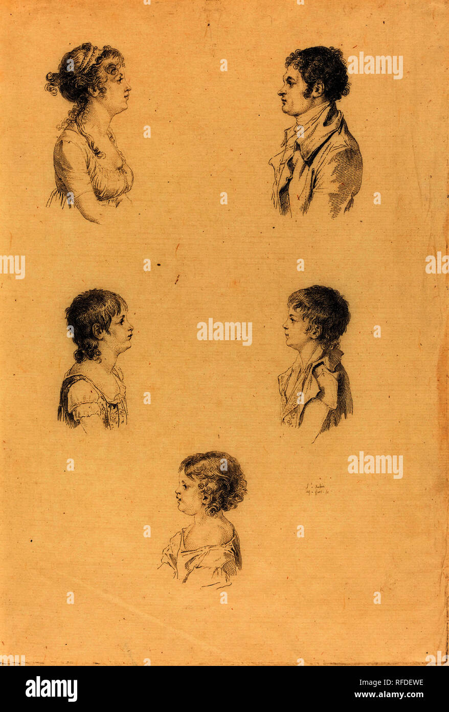 Five Busts. Medium: etching. Museum: National Gallery of Art, Washington DC. Author: Augustin de Saint-Aubin. Stock Photo