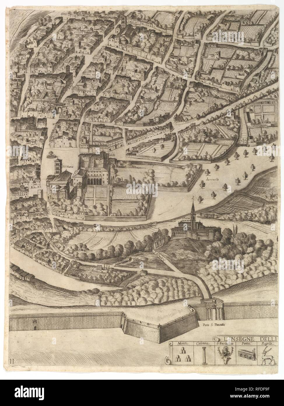Plan of the City of Rome. Part 11 with the San Pancrazio (left bank). Artist: Antonio Tempesta (Italian, Florence 1555-1630 Rome). Dedicatee: Dedicated to Cardinal Camillo Pamphili. Dimensions: Sheet: 21 13/16 x 16 5/16 in. (55.4 x 41.5 cm)  Plate: 21 1/4 x 16 in. (53.9 x 40.6 cm). Publisher: Published by Giovanni Domenico de Rossi (Italian, 1619-1653). Date: 1645.  Part of the lower half of the map of Rome. Depicted is a southern part of the city with a view of both the left bank where the San Pancrazio can be identified. In the lower margin the symbols for the first five boroughs of Rome are Stock Photo
