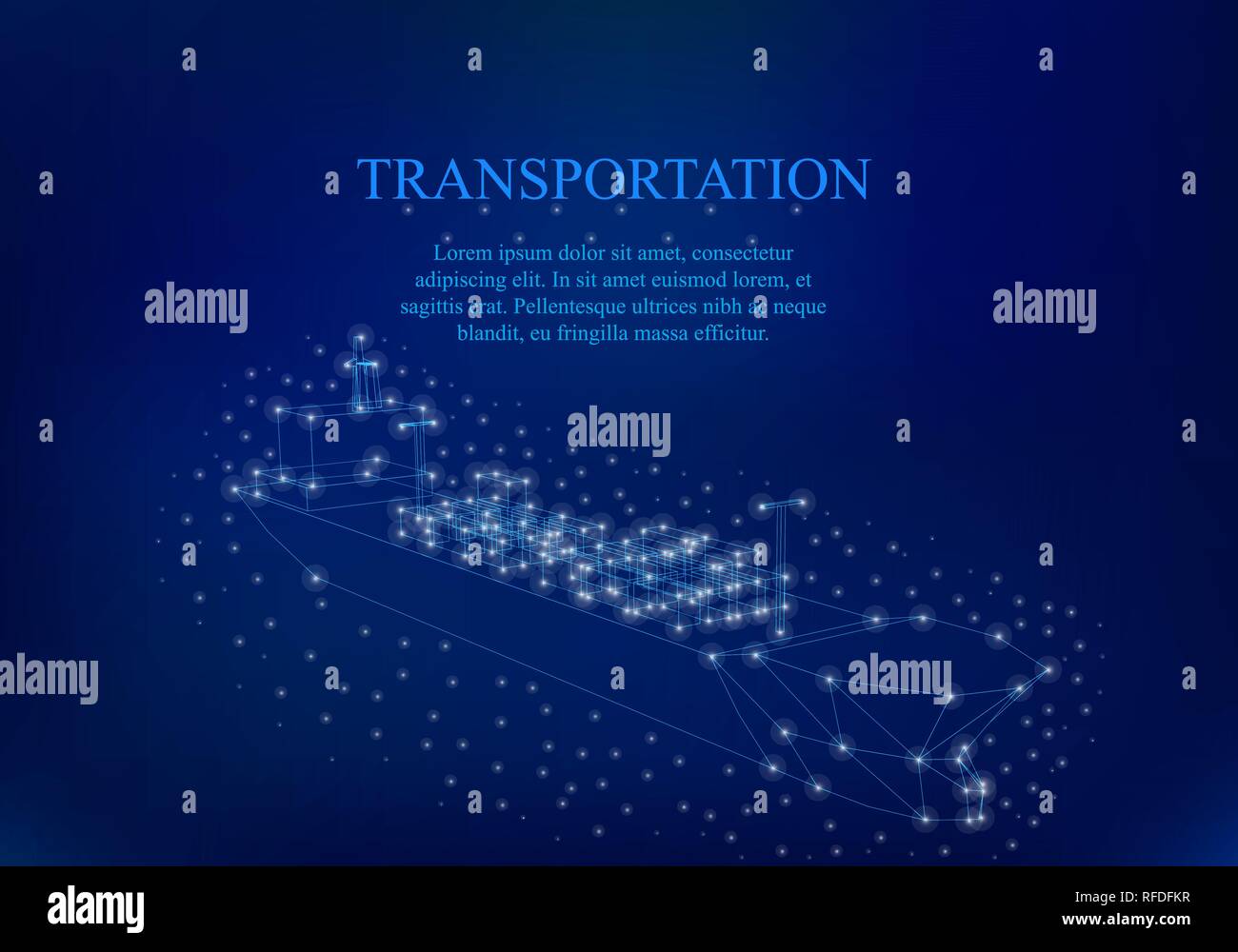 Polygonal ship. Polygonal ship wireframe with containers for transportation. The ship is surrounded by shining lights. Teino blue background. Isometry Stock Vector