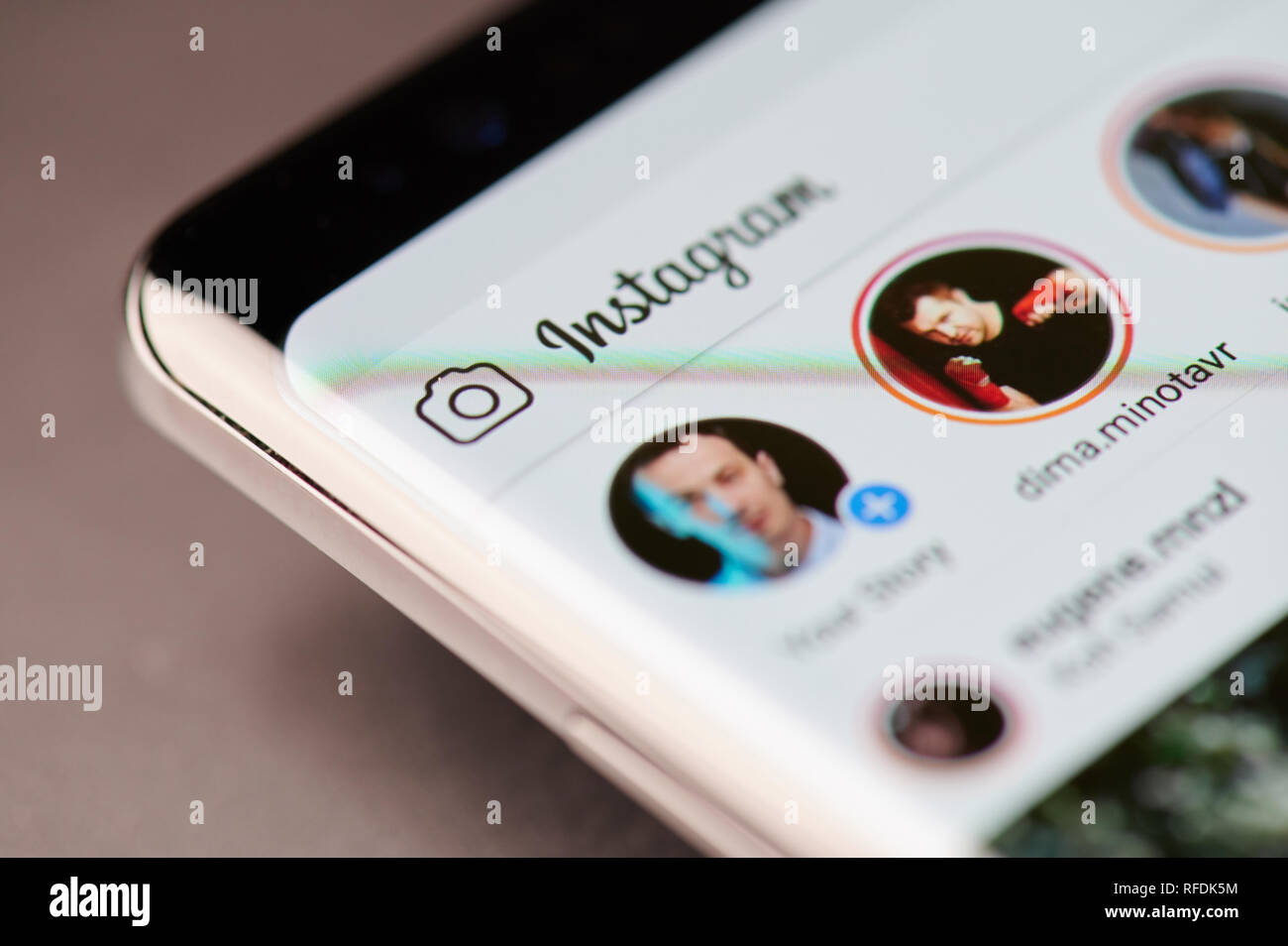 New york, USA - january 24, 2019: Instagram stories  menu on device screen pixelated close up view. Instagram stories theme Stock Photo