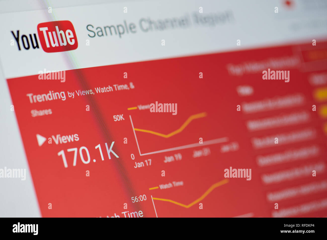New york, USA - january 24, 2019: Youtube sample channel report menu on device screen pixelated close up view Stock Photo