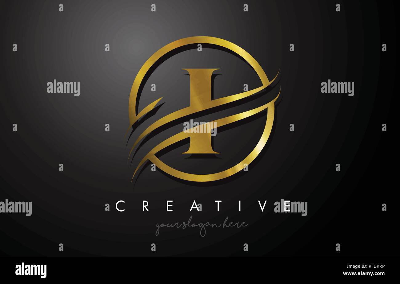I Golden Letter Logo Design with Circle Swoosh and Gold Metal Texture ...