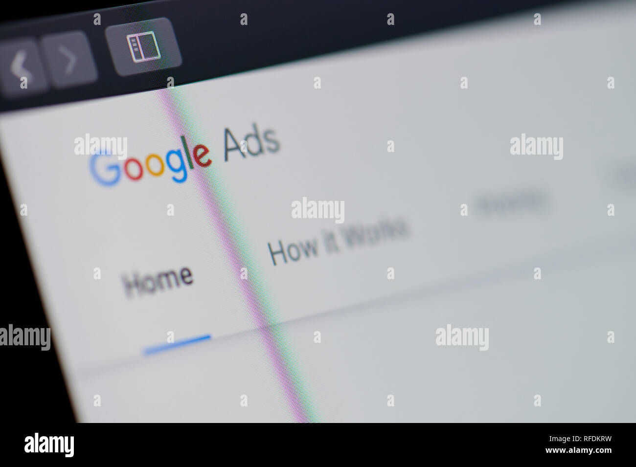 New york, USA - january 24, 2019: Google ads home page on device screen pixelated close up view Stock Photo