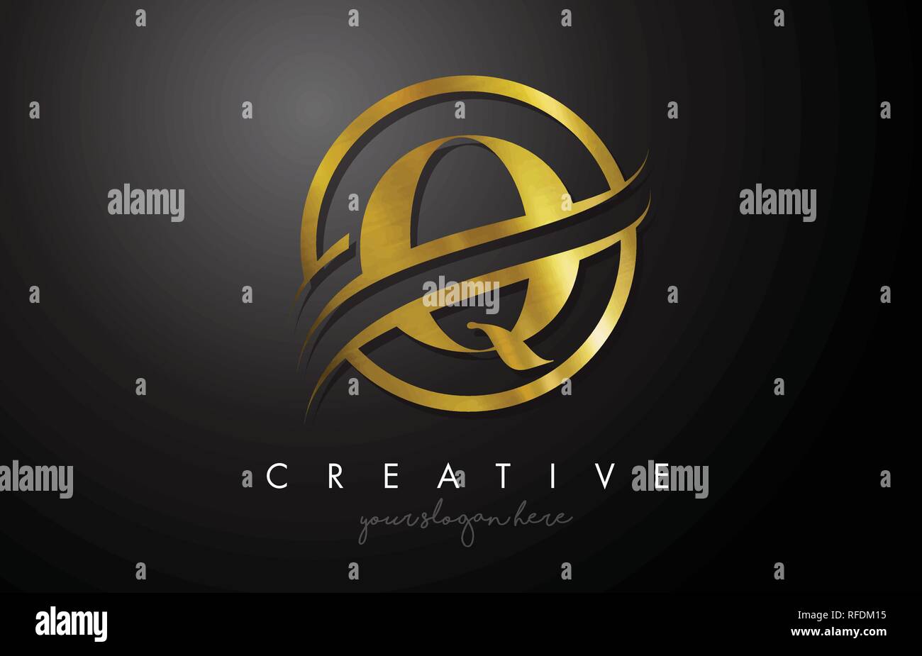Q Golden Letter Logo Design with Circle Swoosh and Gold Metal Texture ...