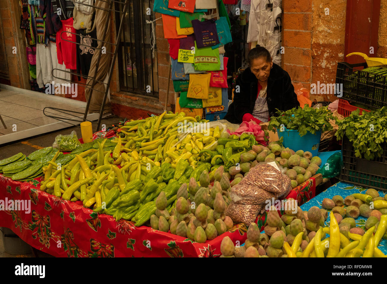 Fruit and vegetable stall, specialising in Prickly Pear fruits and leaves; market, San Miguel de Allende, central Mexico. Stock Photo