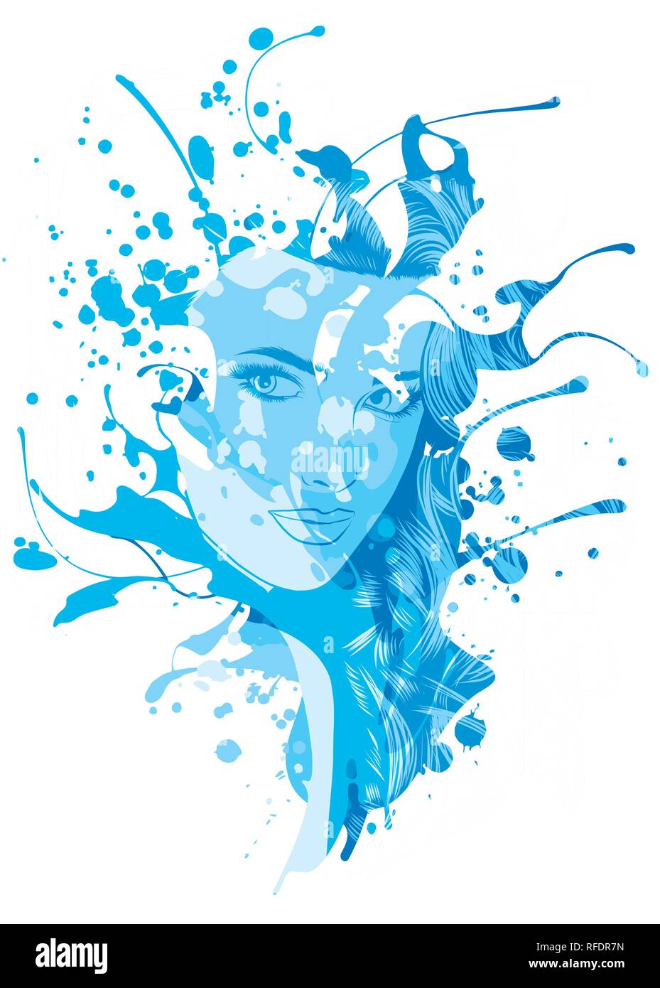 Sad girl with blue hair. Vector illustration on abstract background. Print for T-shirt Stock Vector