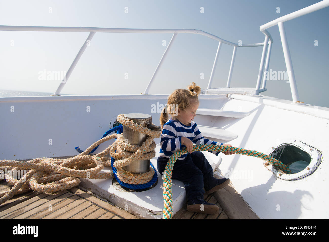 Journey concept. Little kid enjoy sea journey. Get ready for journey