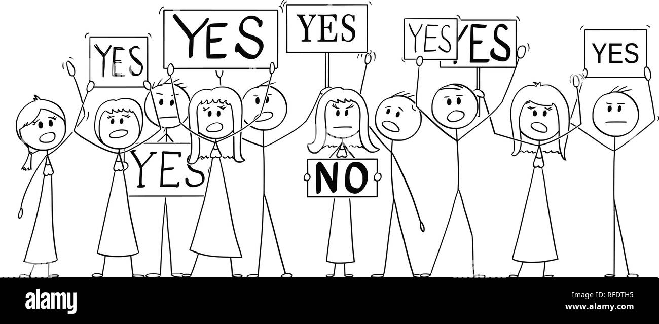 Cartoon Drawing of Group of People Protesting With Yes Signs, One Woman Say No Stock Vector