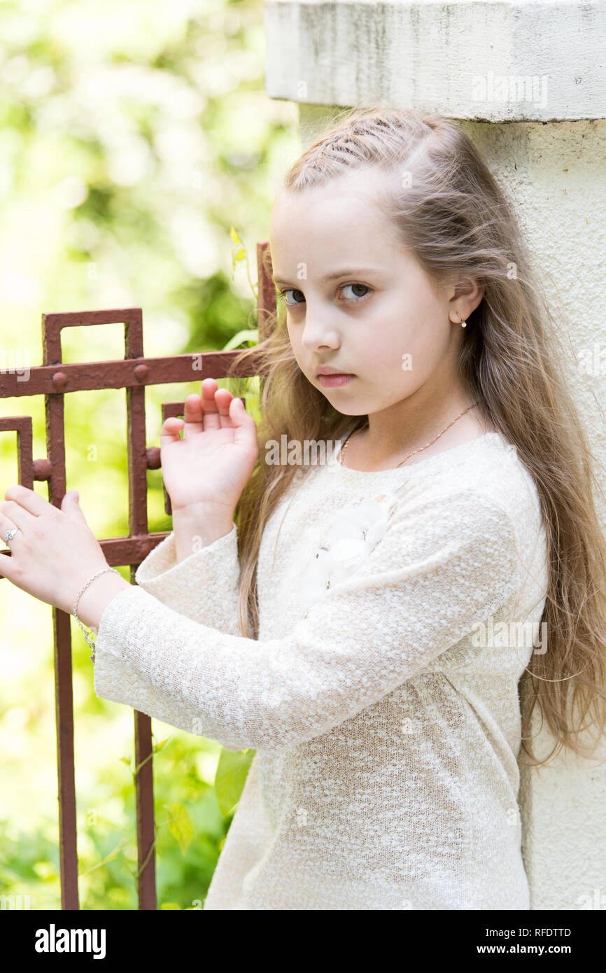 Girl With Long Hair On Calm Face Urban Background Kid Girl