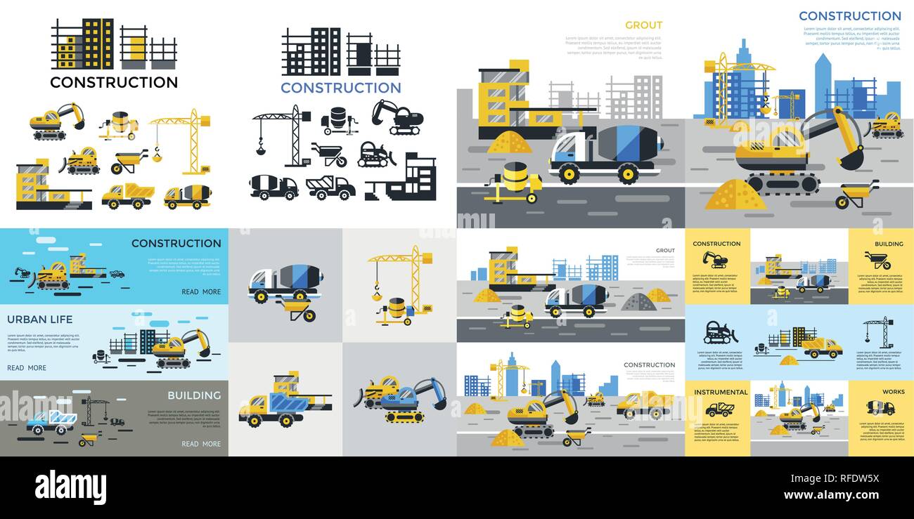 Digital vector yellow construction building tracks icons with drawn simple line art info graphic, presentation with crane, grout, excavator and cement Stock Vector