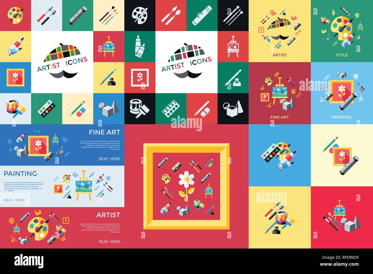 Digital vector blue red artist icons set with drawn simple line art ...