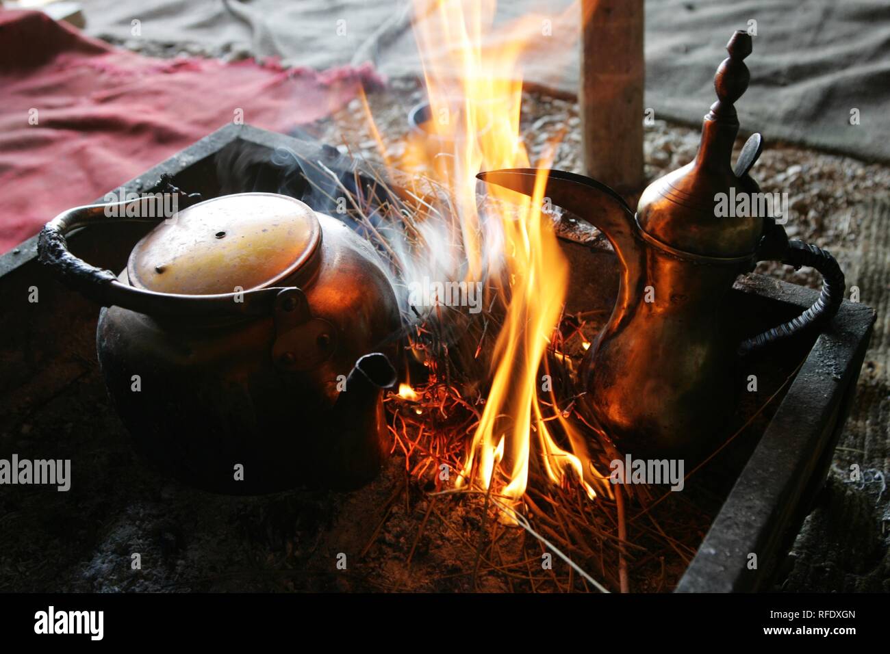 JOR, Jordan Traditonal way of making turkish coffee and tea, in a