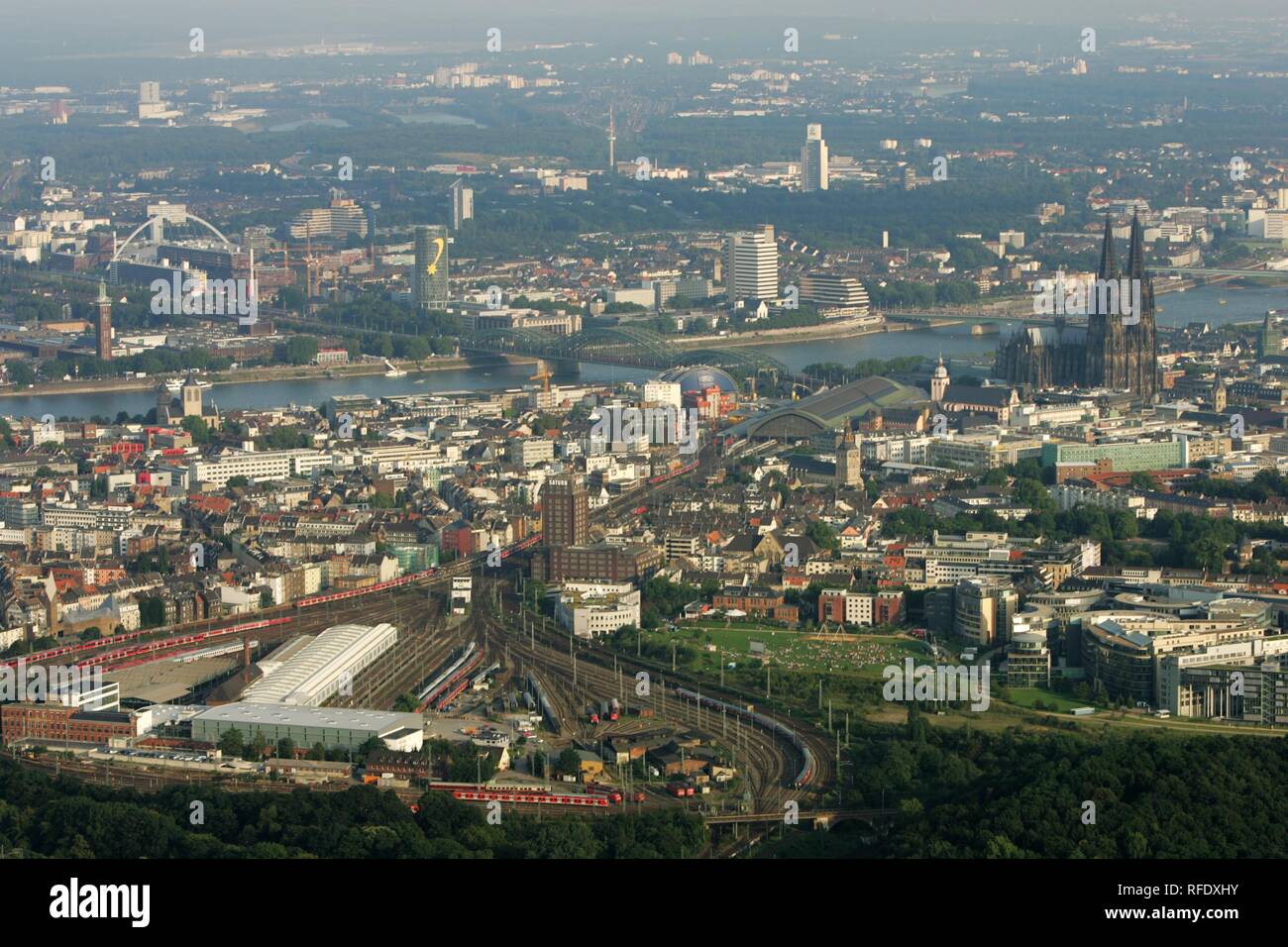 DEU, Germany, Cologne : Areal View of the city center. Cathedral. Main railway station. River Rhine. | Stock Photo