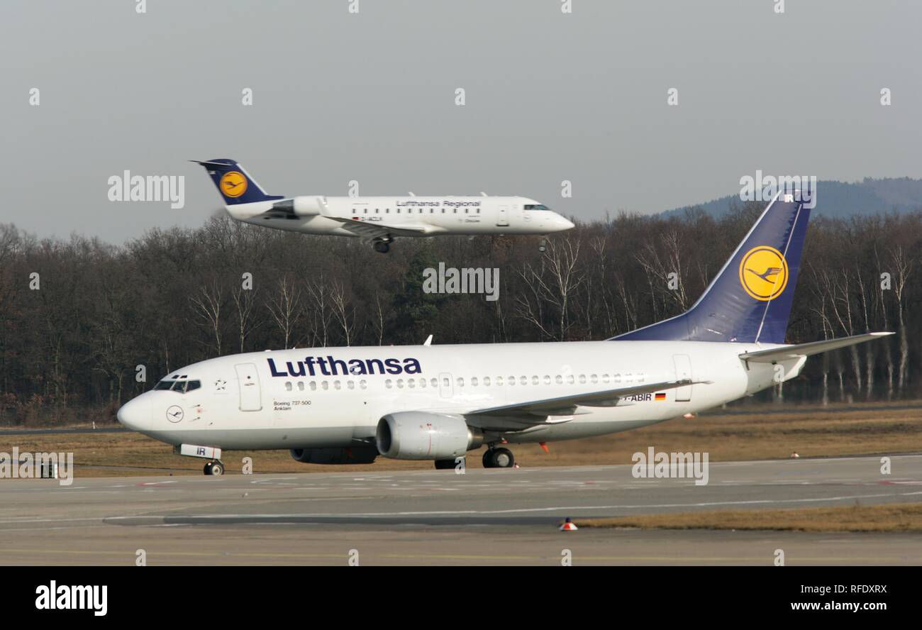 Lufthansa Boeing 737-500, Anklam. Landing of a Lufthansa Regional Jet, Canadair 100, Koeln-Bonn airport, Cologne Stock Photo