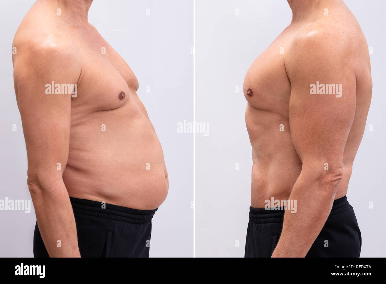Side View Of A Mature Man Before And After Loosing Fat On White Background. Body shape was altered during retouching Stock Photo