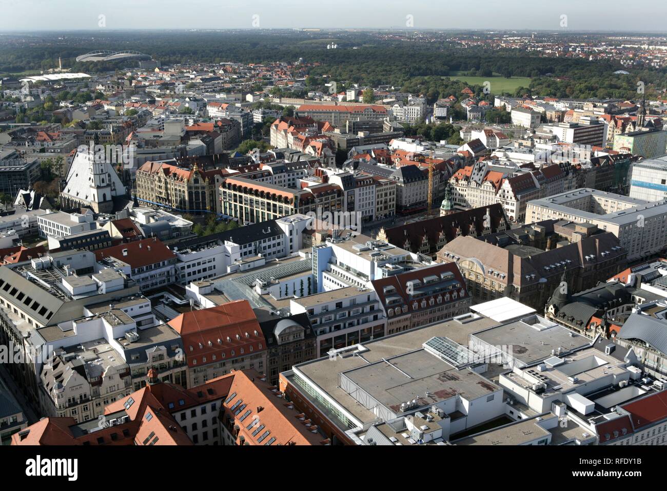 Overview over the City west with the Thomaskirche, Zentralstadion (behind) Leipzig, Saxony, Germany Stock Photo