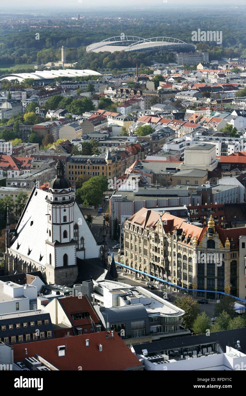 Overview over the City west with the Thomaskirche, the Zentralstadion (behind) Leipzig, Saxony, Germany Stock Photo