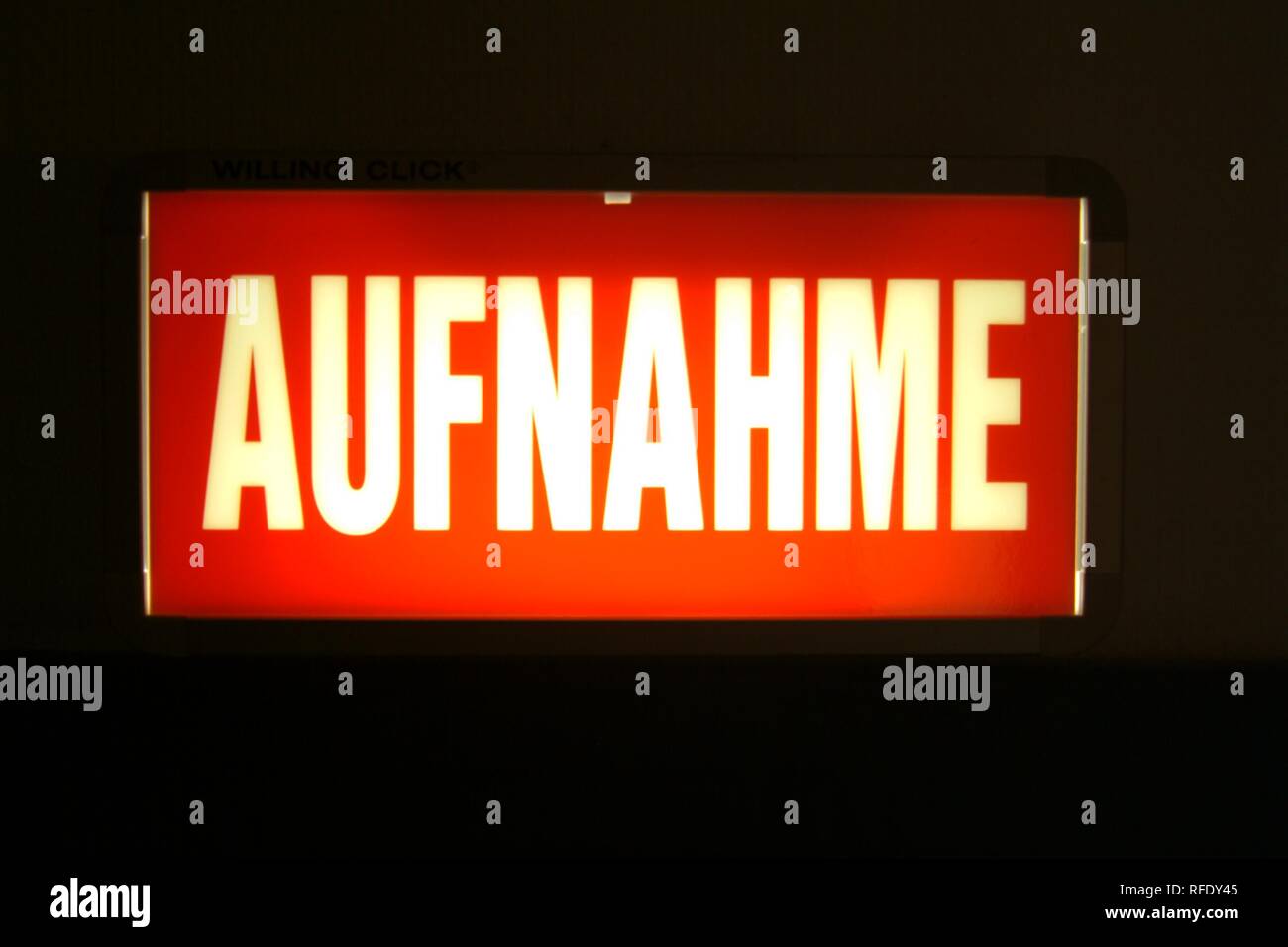 'Aufnahme' sign in a TV studio, Germany Stock Photo
