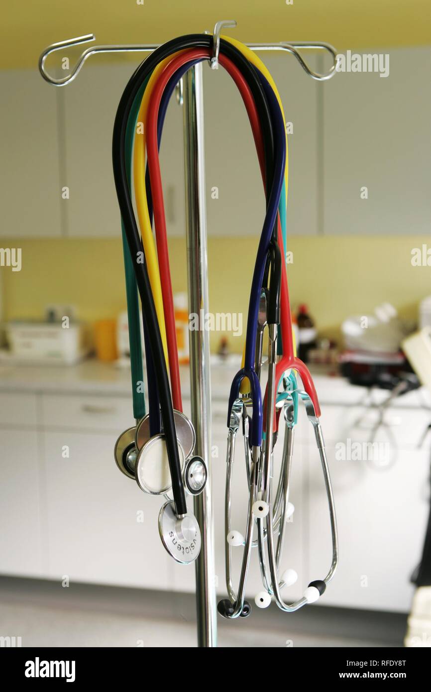 Stethoscopes in a doctor's practice, Germany Stock Photo