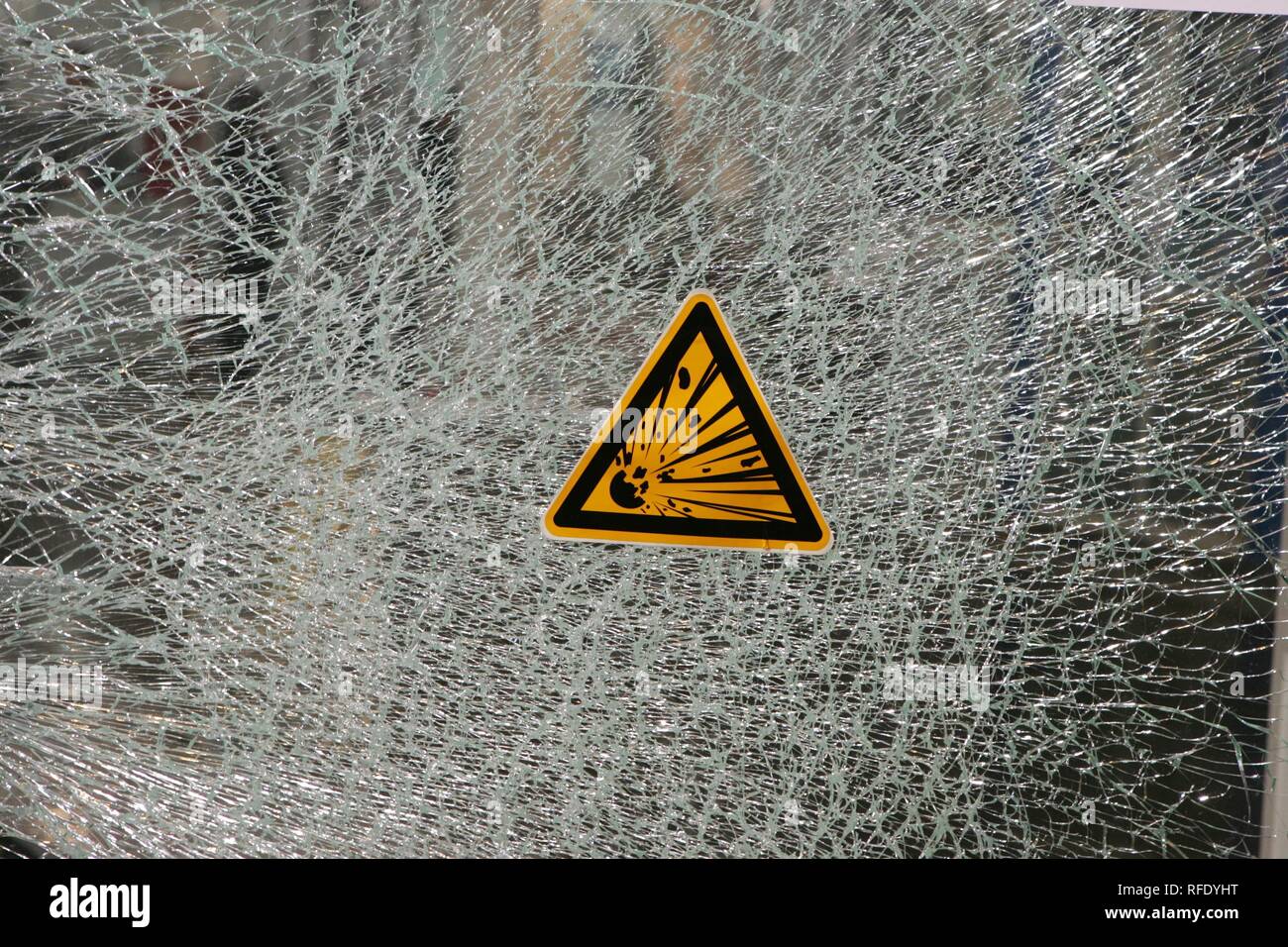 Bulletproof glass after a test explosion, SECURITY Exhibition, Essen, Germany Stock Photo