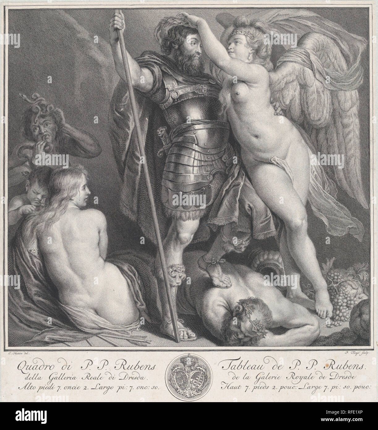 Hero crowned by Victory, who places a laurel wreath on his head, Venus and Cupid at left, Envy at left in the background, Silenus on the ground, under the hero's foot. Artist: After Peter Paul Rubens (Flemish, Siegen 1577-1640 Antwerp); Pieter Tanjé (Dutch, Bolsward 1706-1761 Amsterdam); Intermediary draftsman Charles Hutin (French, Paris 1715-1776 Dresden). Dimensions: Sheet (Trimmed): 6 7/16 × 8 11/16 in. (16.4 × 22 cm). Date: ca. 1735-61. Museum: Metropolitan Museum of Art, New York, USA. Stock Photo