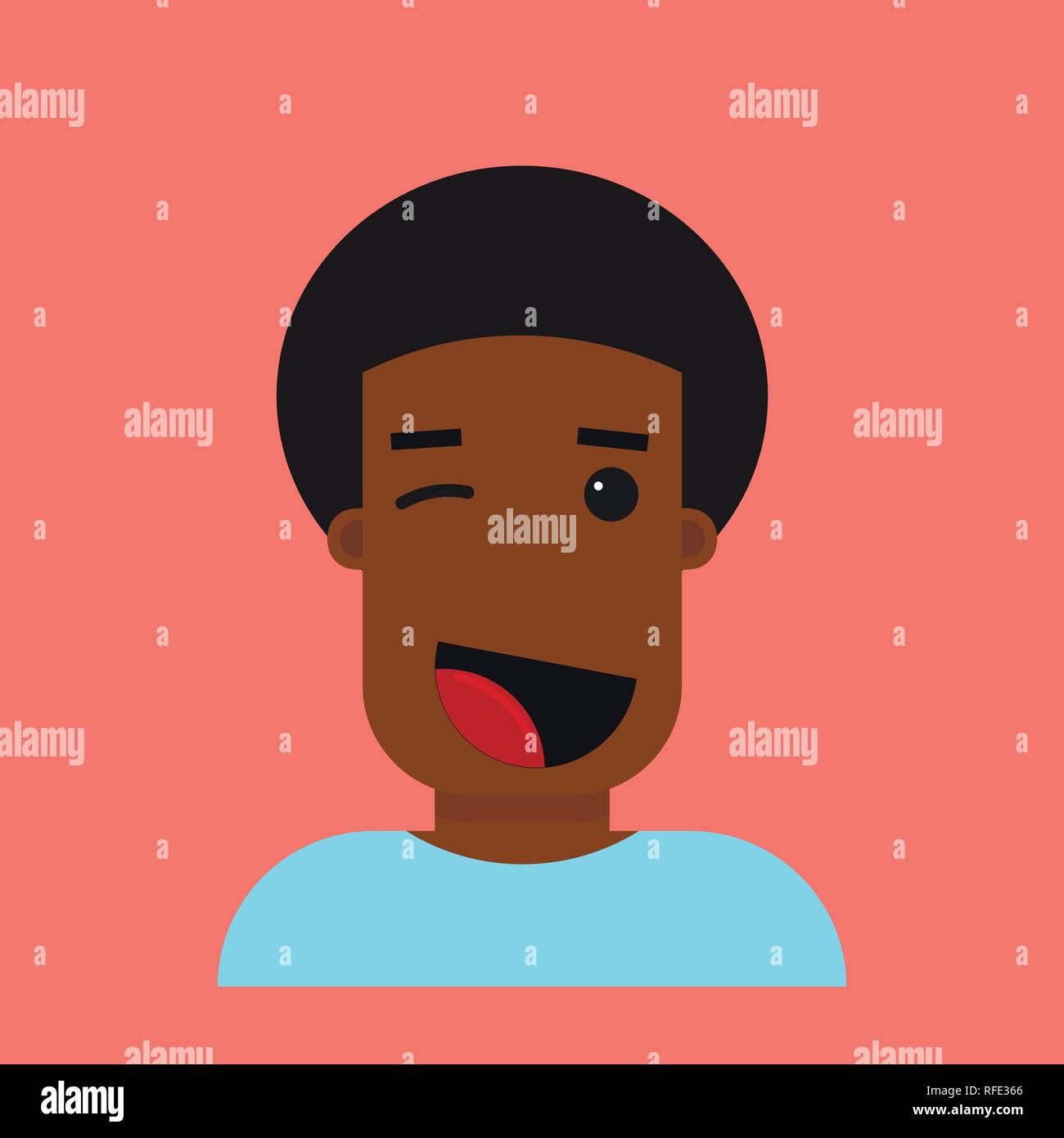 African cheerful young cartoon boy in vector. Modern illustration of winking facial expression. Stock Vector