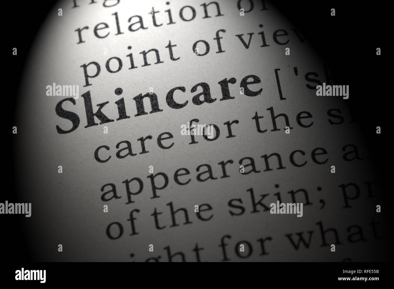 Fake Dictionary, Dictionary definition of the word skincare. including key descriptive words. Stock Photo