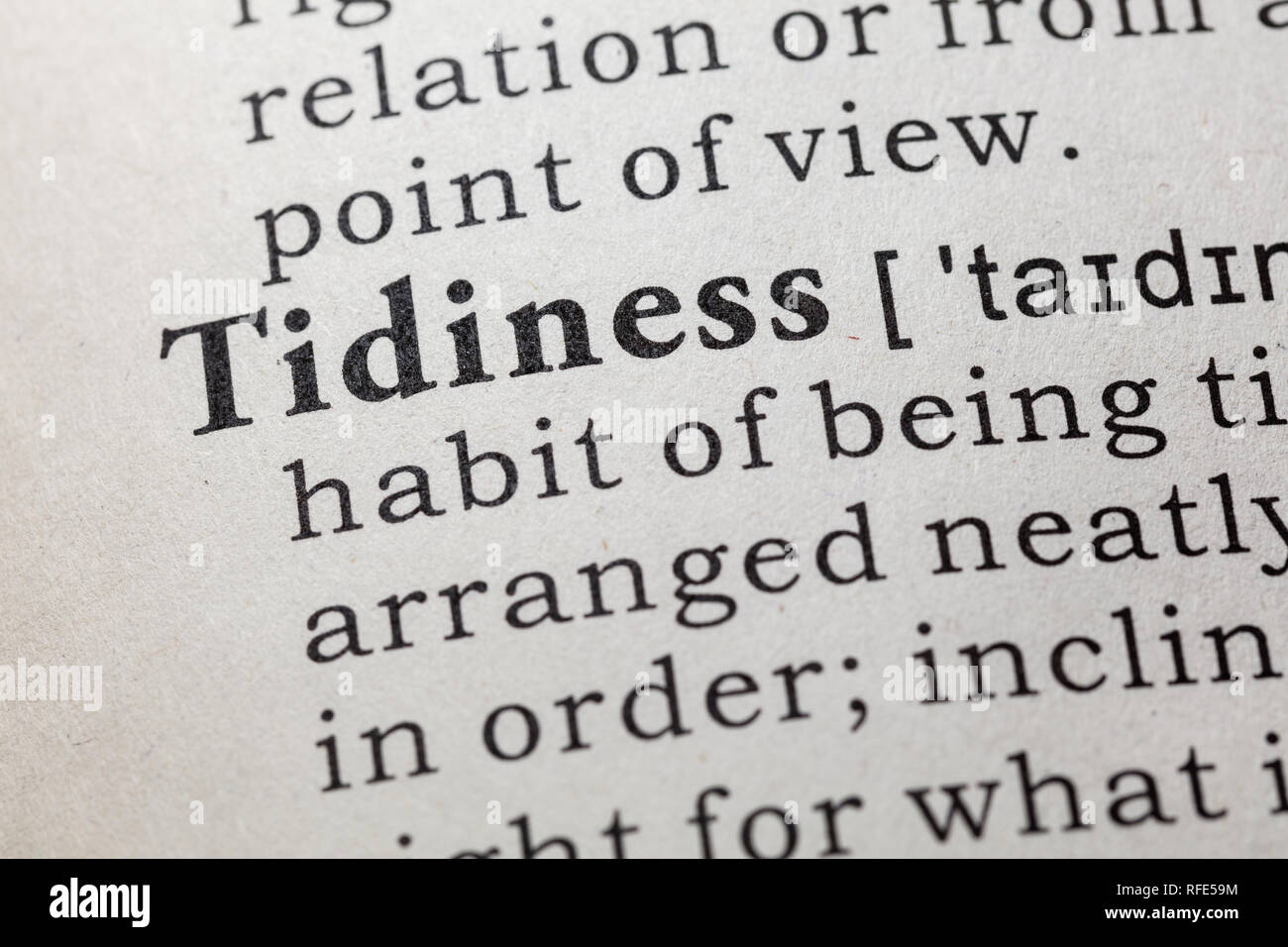 Fake Dictionary, Dictionary definition of the word tidiness. including key descriptive words. Stock Photo