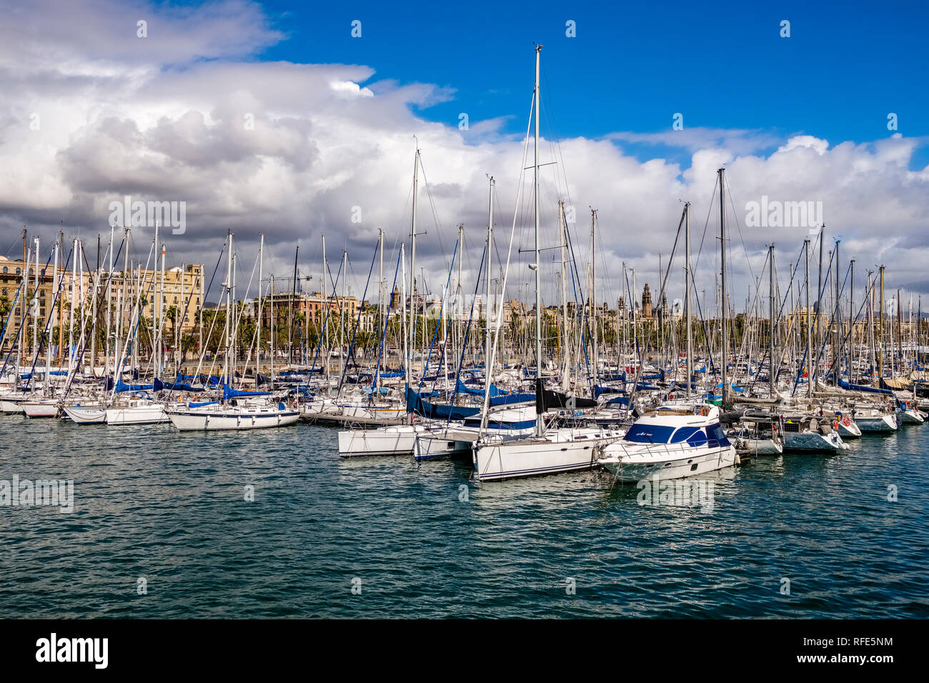 Sailing boats anchored in the harbour Stock Photo