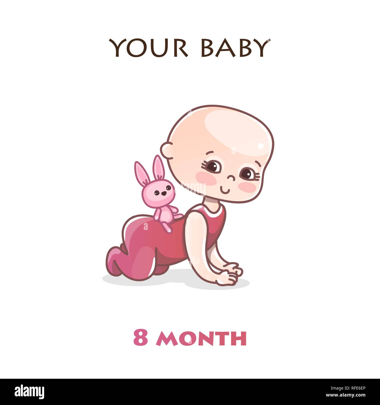 Monthly infant development. Stages of child development in the first year of life. Eight month old baby crawls on all fours. Colorful vector Illustration isolated on white background Stock Vector