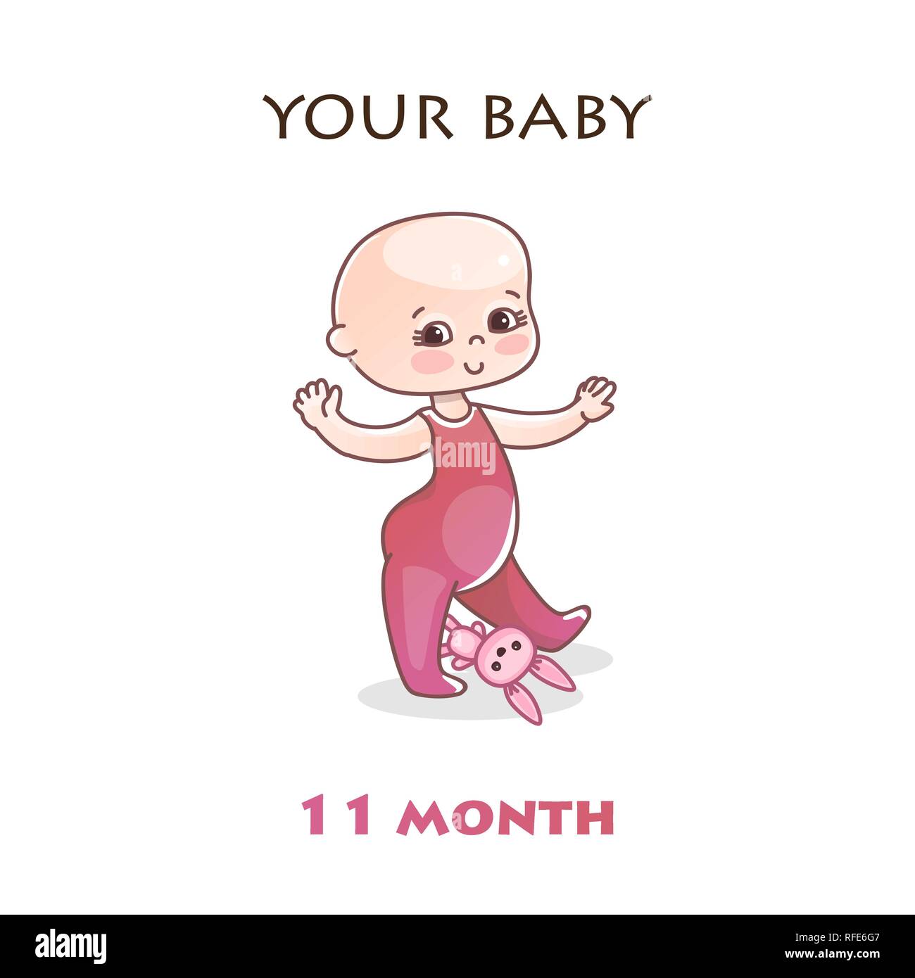 Monthly infant development. Stages of child development in the first year of life. Eleven month old baby learned to walk. Colorful vector Illustration isolated on white background Stock Vector