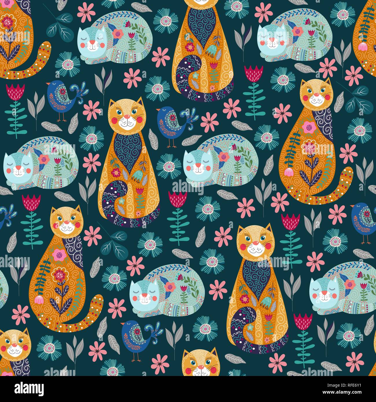 Seamless pattern with cute cats and birds, flowers and leaves on dark ...