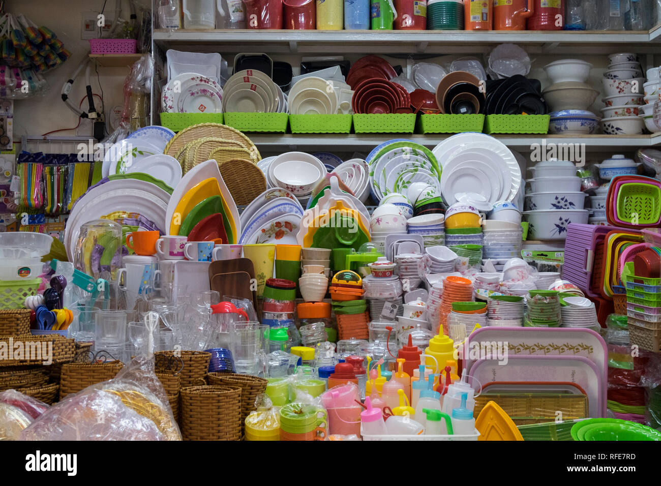 Plastic dishes for sale at a stall in the big Cho Binh Tay market. In