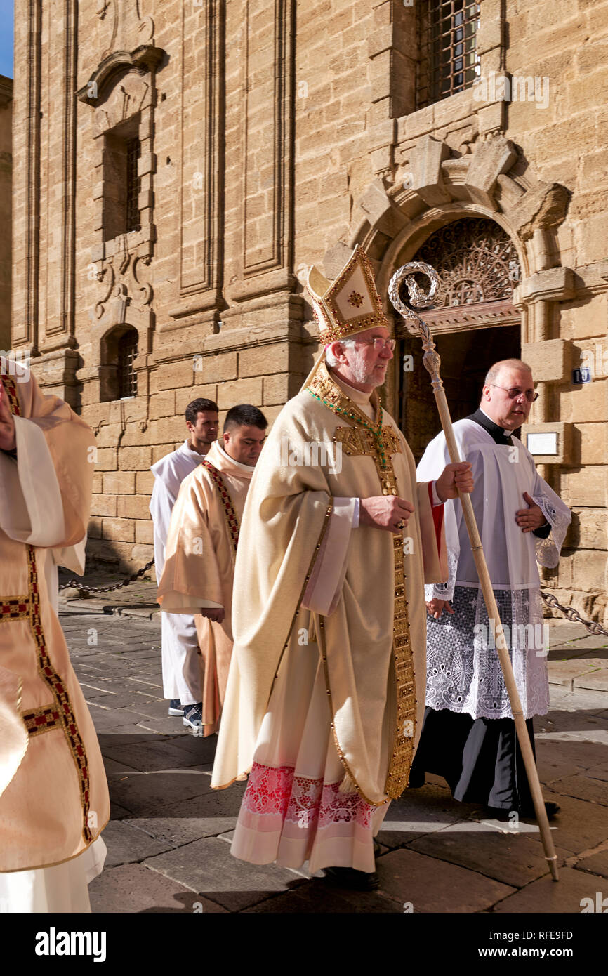 Religious procession to the cathedral of Caltagirone. Sicily Italy. The archbishop of Caltagirone Stock Photo