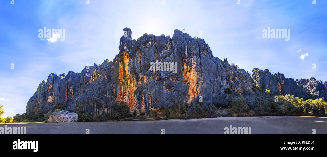 Kimberley, Australia: Panorama of  the rock face of Windjana Gorge,  Gibb River Road, outback Western Australia. Stock Photo