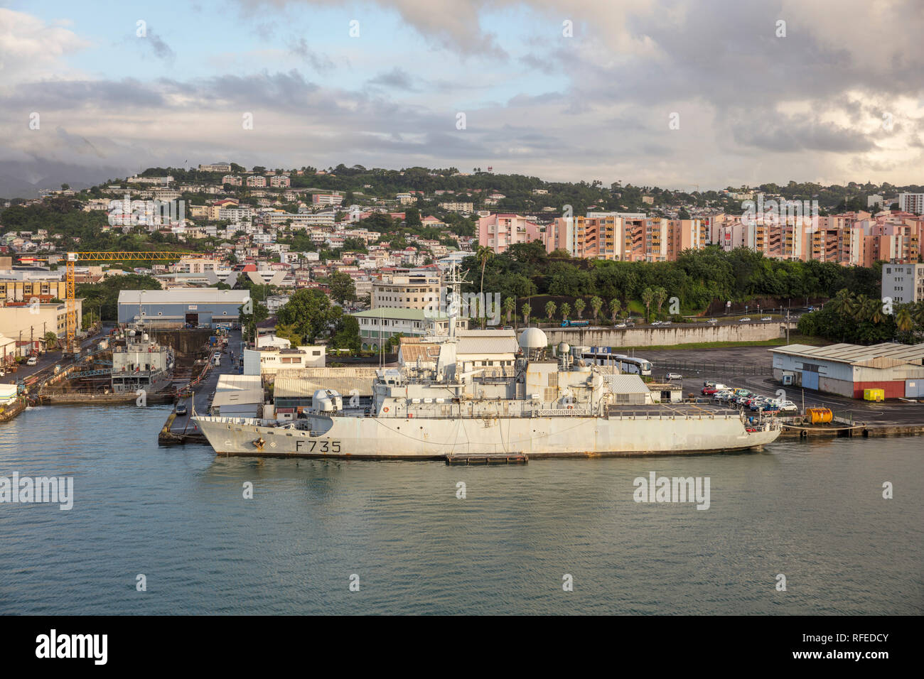 France, Martinique, Fort-de-France, View on navy vessel and city. Stock Photo