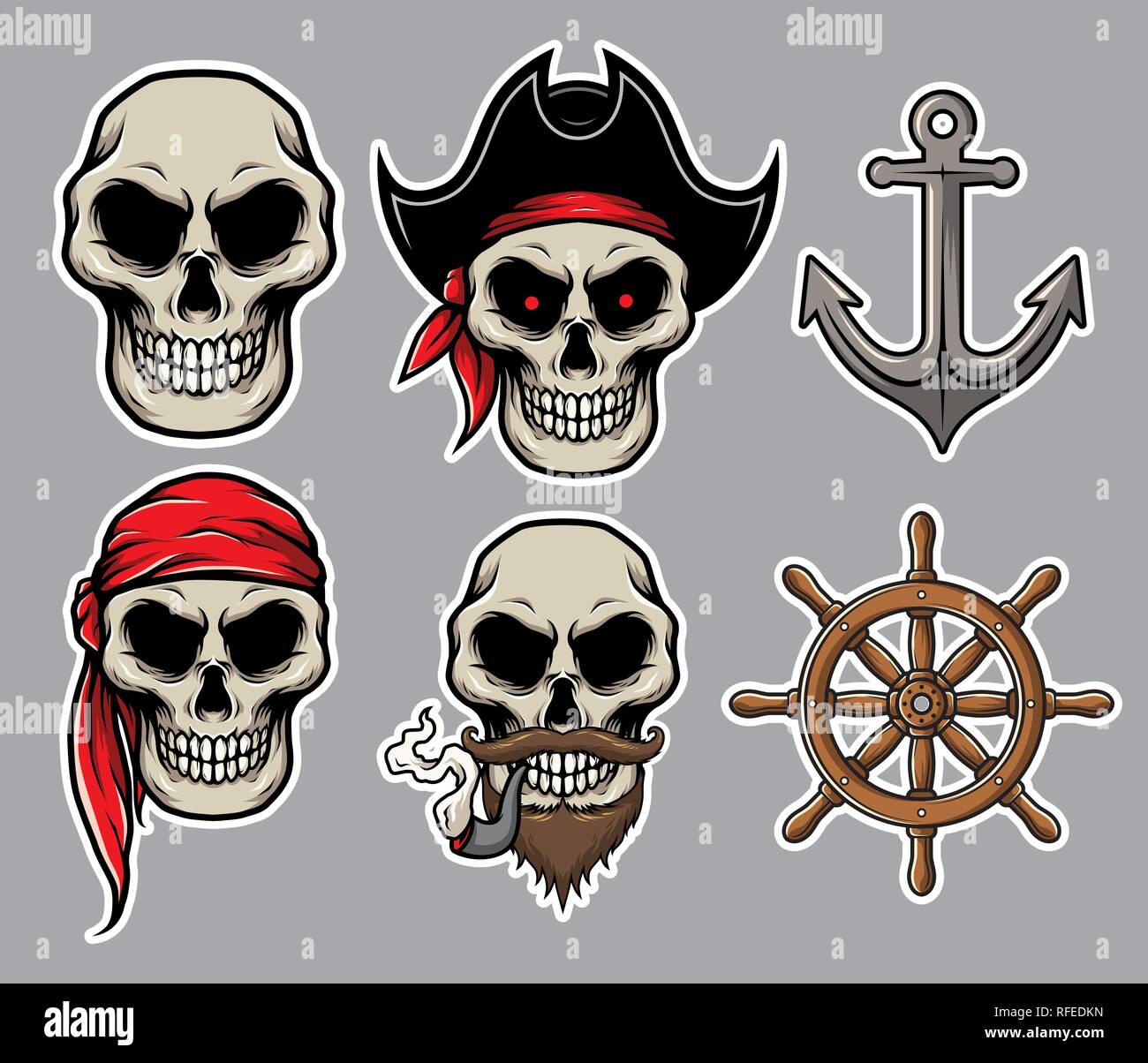 Set of Jolly Roger Pirate Skull With Pirates Elements, Anchor, Rudder, Sailor Captain Hat, Pipe, Moustache, and Beard Illustration Vector. EASY TO EDI Stock Vector