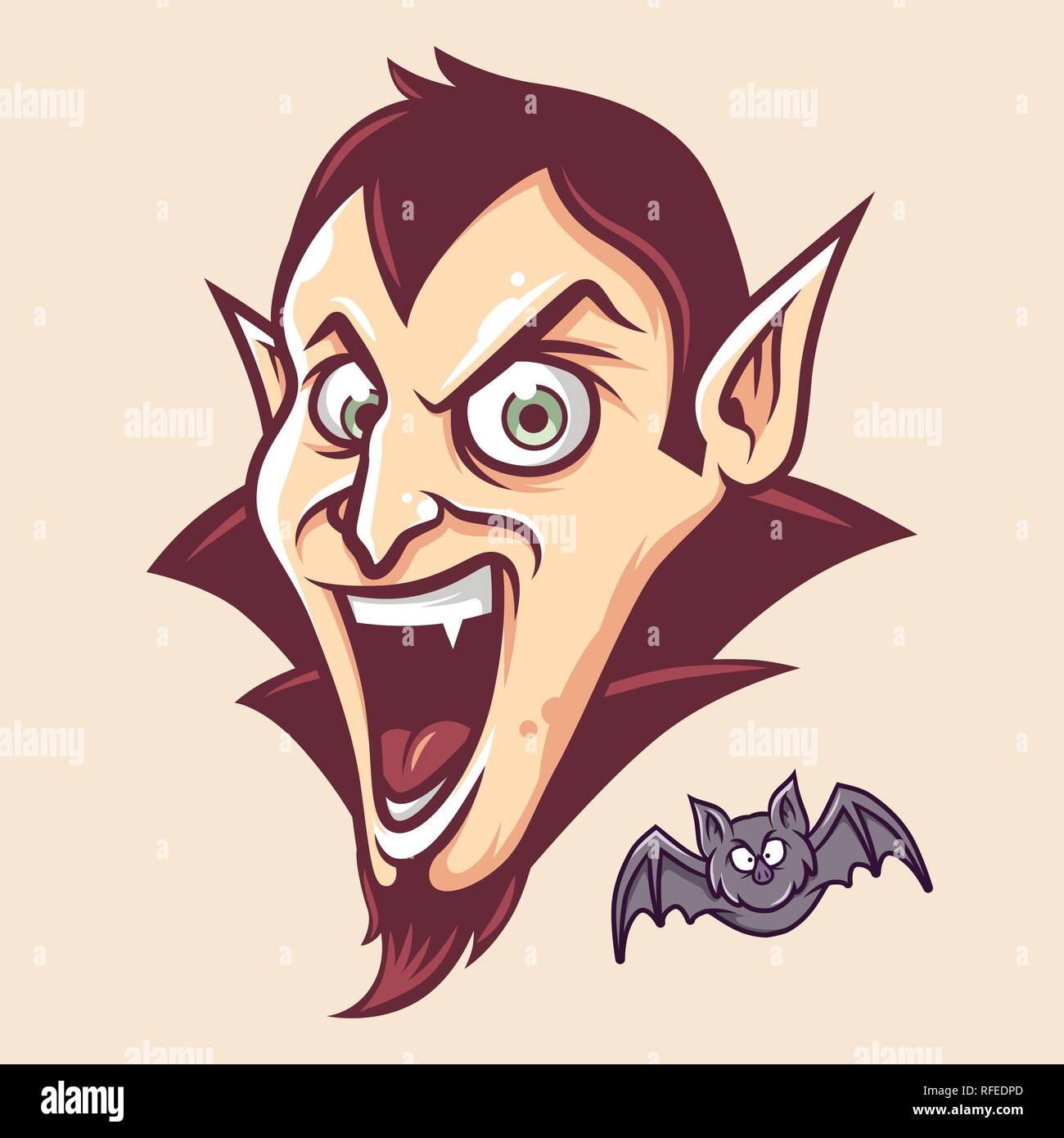 Cute Dracula Head and Bat Illustration Vector in Cartoon Style Stock Vector