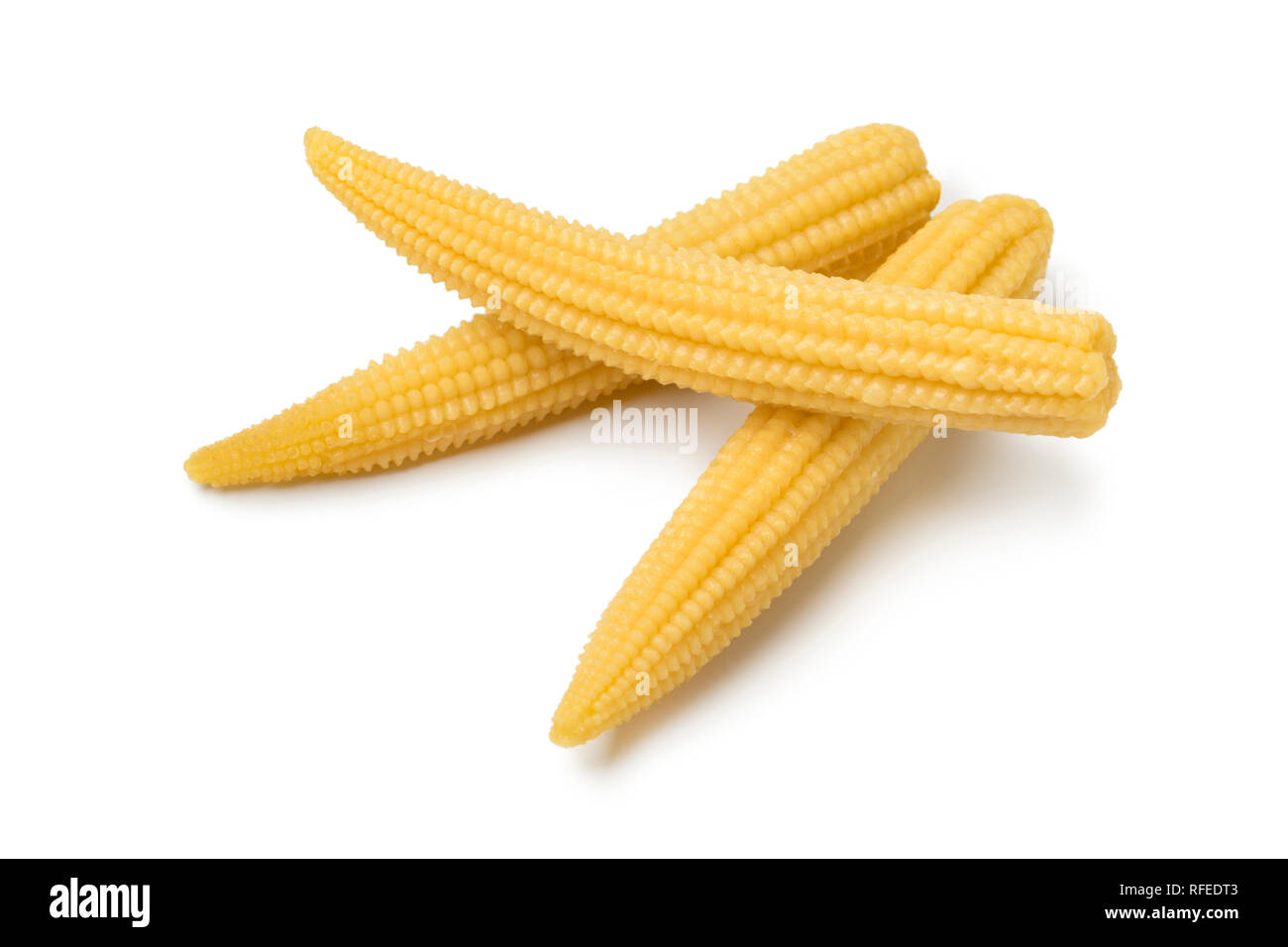 Cooked sweet yellow baby corn isolated on white background Stock Photo