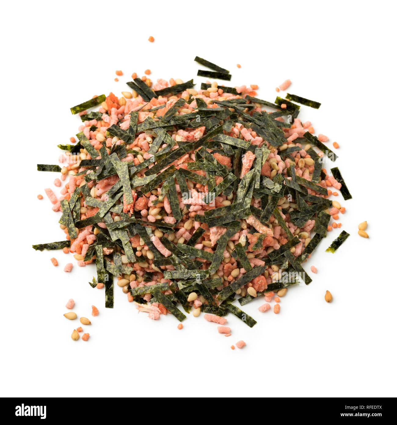 Heap of Japanese furikake, seasoning meant to be sprinkled on top of cooked rice isolated on white background Stock Photo